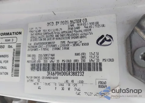 2016 Ford Fusion Se z USA, uszkodzony, nr VIN 3FA6P0HD0GR388232